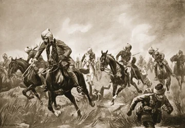 Jemadar Ram-Karan führt seine Truppe unter schwerem Gewehrfeuer gegen den sich zurückziehenden Feind